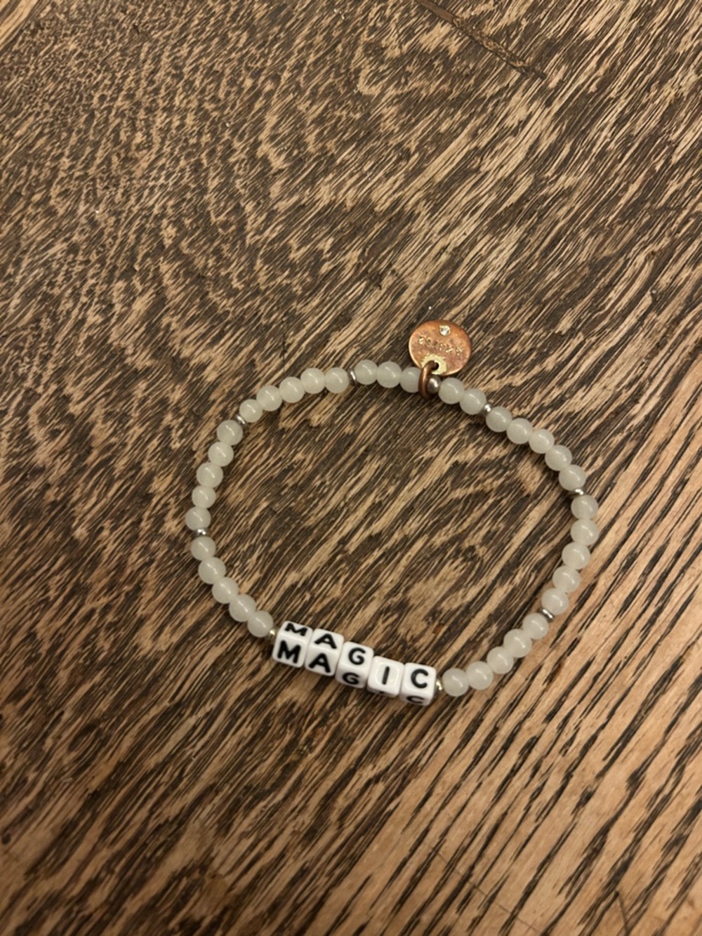 Beaded MAGIC Stretch Bracelet with White Beads and Rose Gold Tag